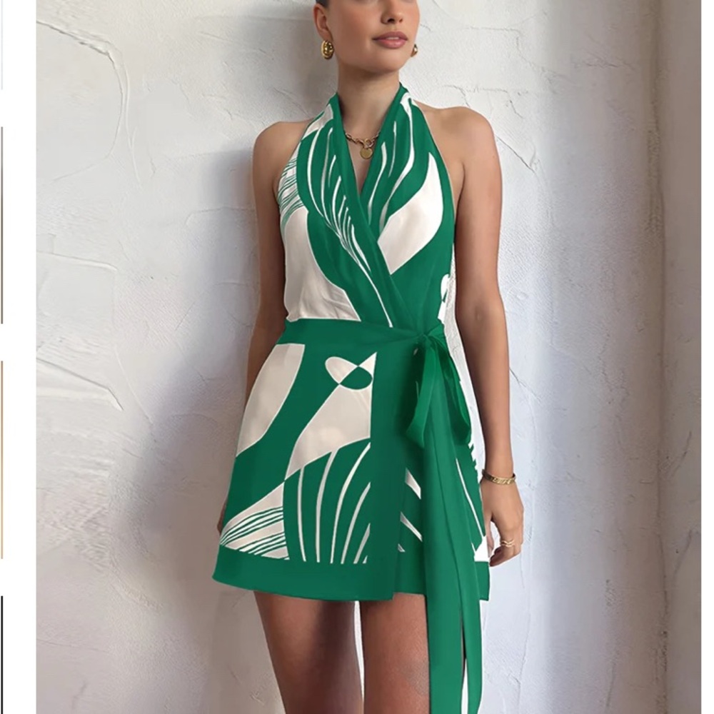 Elegant Green and White Halter Dress